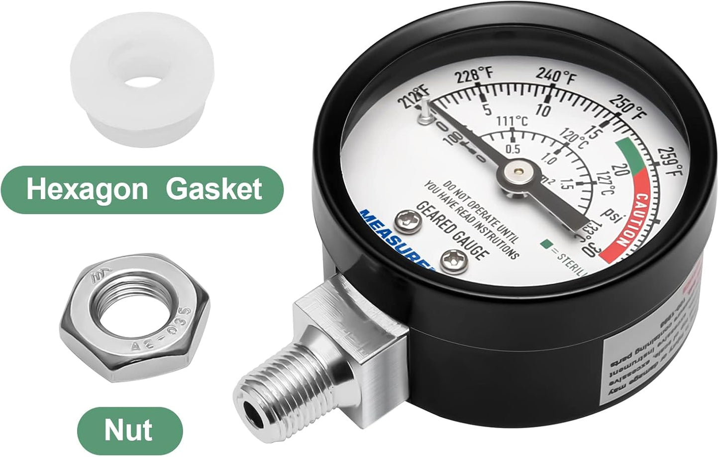 MEASUREMAN Black Steel Pressure Cooker Gauge, Pressure Canner Gauge, Steam Pressure Gauge, 2" Dial, Lower Mount, Including Hexagon Gasket and Nut