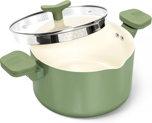 MICHELANGELO Pasta Pot with Strainer Lid - 6 Quart Cooking Pot with Lid, Non Stick Spaghetti Pot Ceramic Coated with Twist and Lock Handles for Easy Draining, Induction Compatible, Roden Green