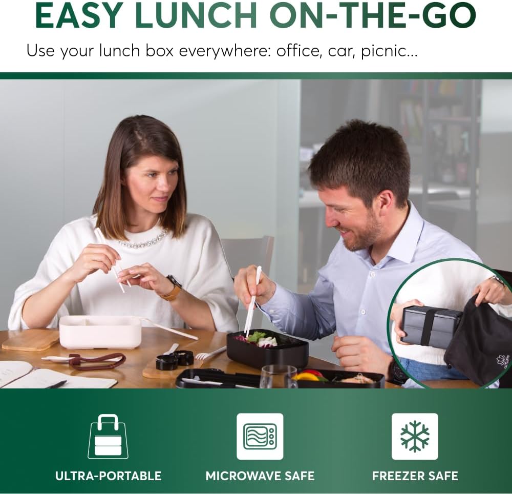 Umami Bento Box Adult All-In-1 w/4 Utensils, 2 Sauce Jars, 2 Dividers, 100% Leakproof, Microwave & Dishwasher Safe, Stackable Lunch Containers for Men/Women, Matte Black & Marble, 68 oz