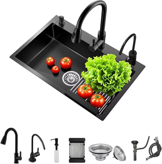 Black Drop in Kitchen Sink, Stainless Steel Single Bowl Sink with 3 Holes, Topmount Workstation Sink, Farmhouse Rectangle Basin with Multiple Accessories (26.8 * 17.7 * 7.9in)