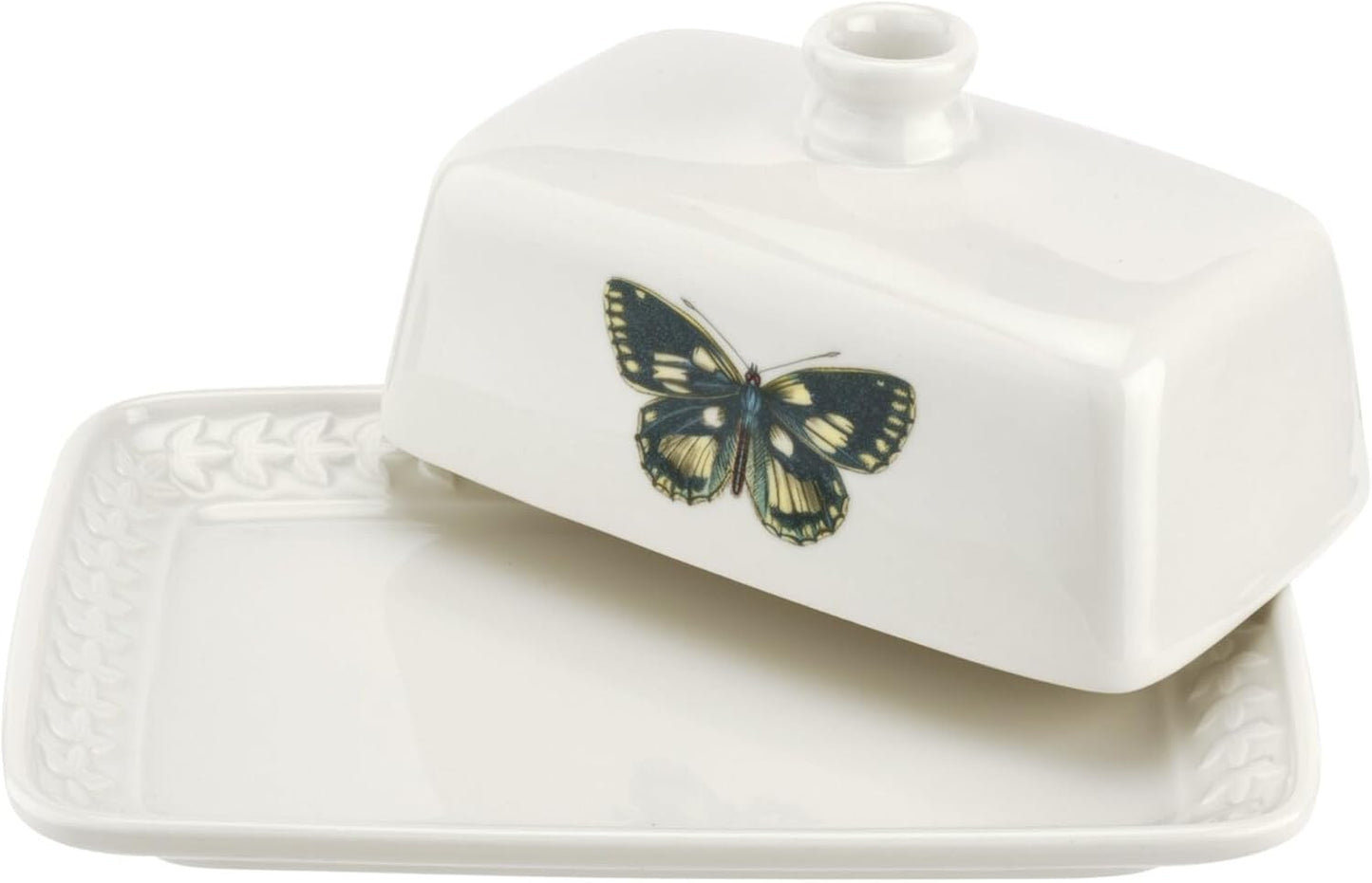 Portmeirion Botanic Garden Harmony Covered Butter Dish, 7.5 Inch - Porcelain Butter Keeper with Butterfly Motif - Dishwasher, Microwave, Freezer, Oven Safe - Vintage Inspired Kitchenware