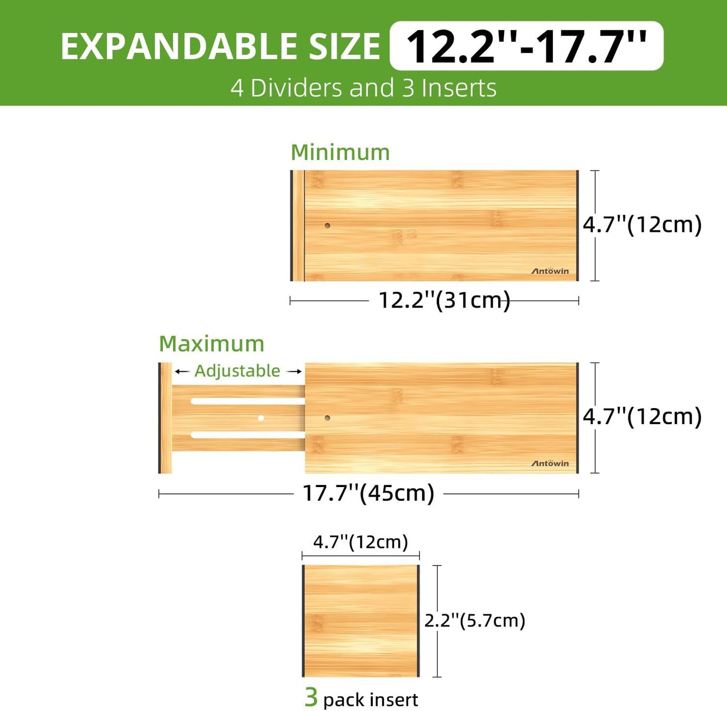 ANTOWIN 4 Pack Expandable Drawer Dividers, 4.7'' High, Extend from 12.2'' to 17.7'', Dresser Drawer Organizers, Bamboo Separators for Kitchen, Bedroom, Office, Bathroom (Natural)