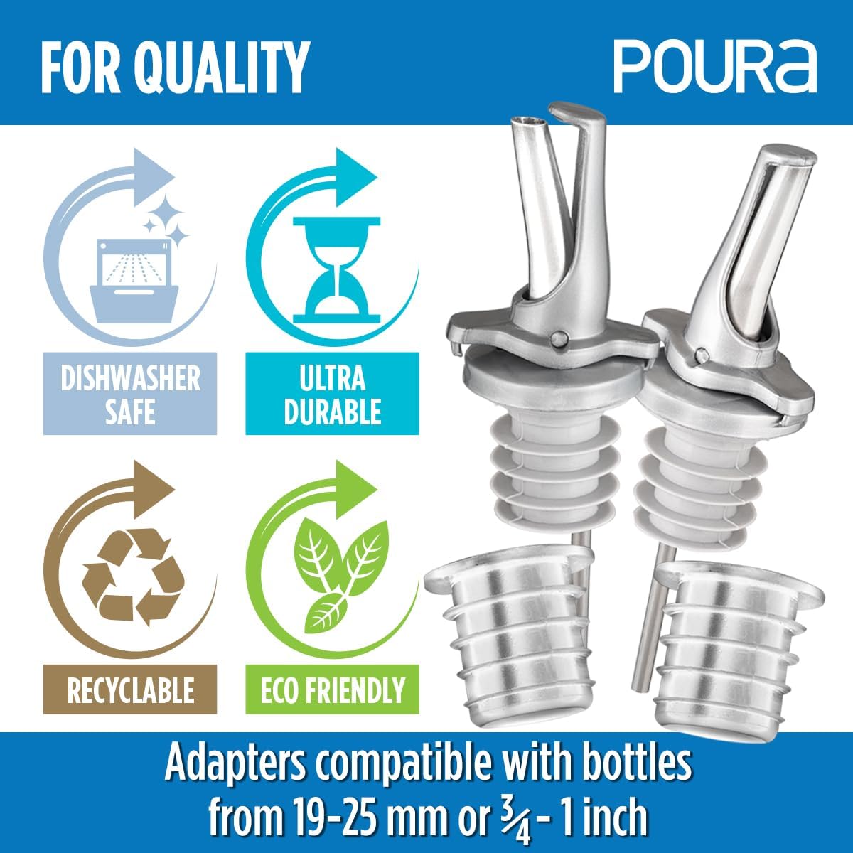 3-in-1 Liquor Bottle Pour Spouts with Built-in Fruit Fly Protection - Dishwasher Safe Hygienic Alcohol Pour Spouts - Also for Olive Oil, Juice, Syrup - Silver 2 Pack with 2 Adapters for Large Bottles
