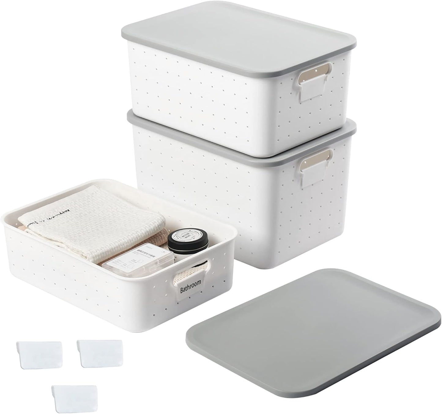 vacane 3 Pack Decorative Storage Bins with Lids, White Plastic Storage Basket for Organizing Stackable Storage Box with Handle on Closets,Classrooms,Offices