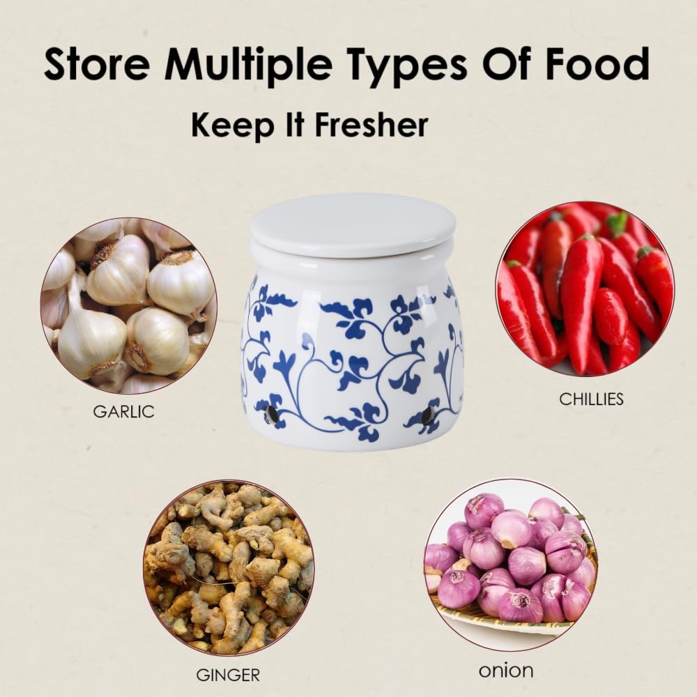 Terracotta Garlic Storage Container, Ceramic Keeper for Kitchen Counter, Holder Storage Container to Keep Your Garlic Cloves Fresh Longer,White