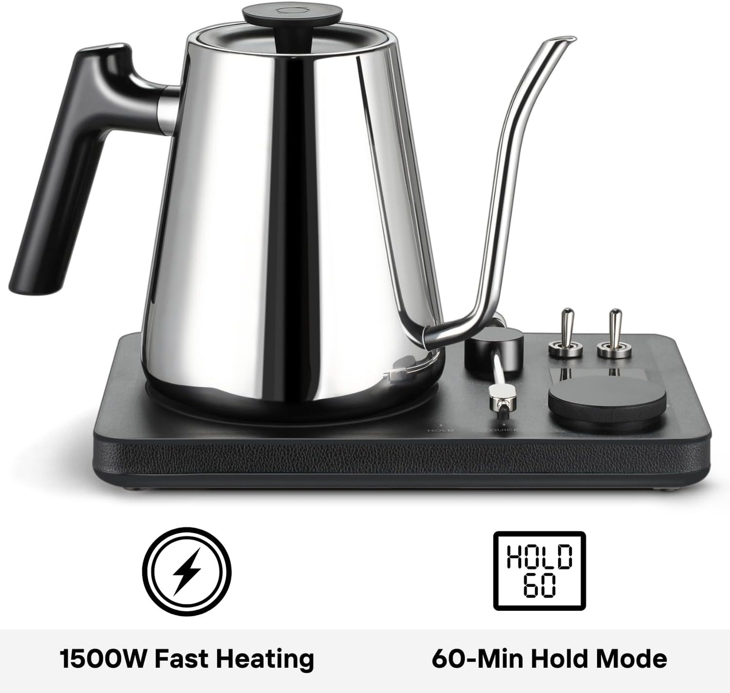DJ Electric Gooseneck Kettle for Pour Over Coffee & Tea - Water Boiler - Turntable Design - Quick Heating & Temperature Control - Stainless Steel