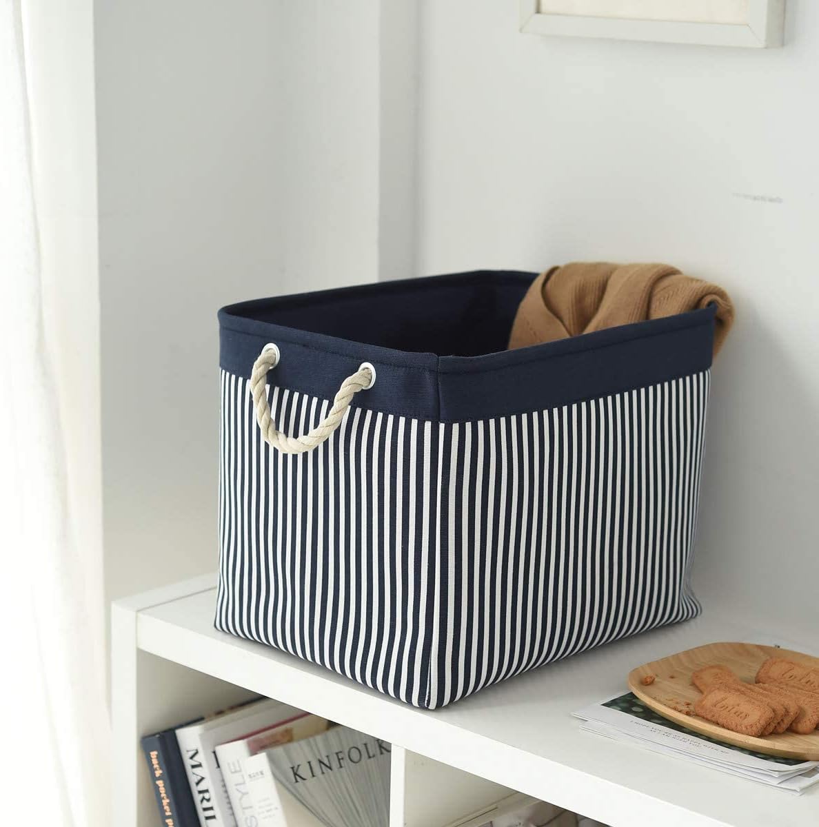 TcaFmac Organization and Storage Basket for Shelves - Large 2 Pack 16x12x12 inch Fabric Storage Cubes, Collapsible Storage Bins for Gift Closet Cloth Toy Books Kids (Navy Patchwork)