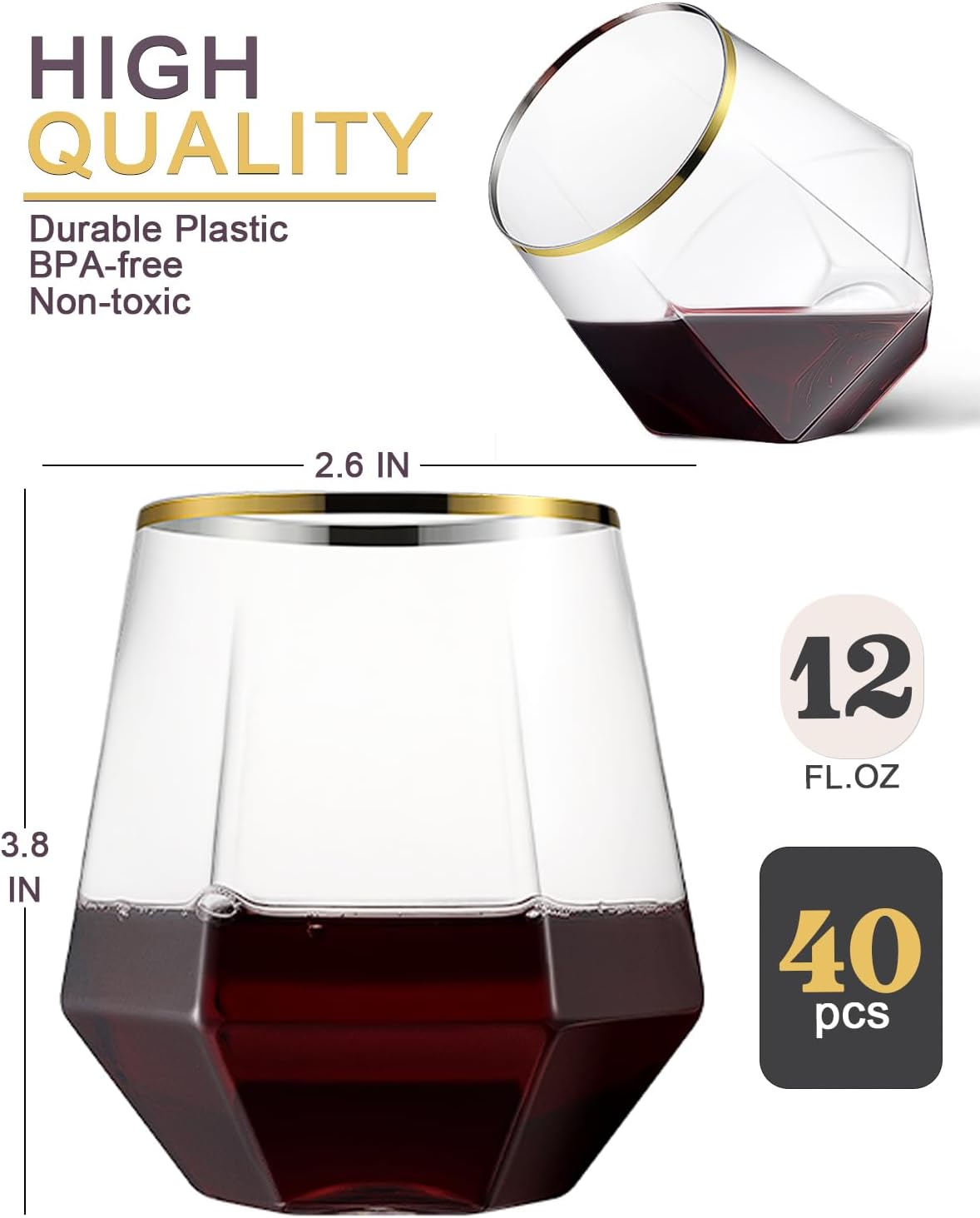 40 Pcak Plastic Stemless Wine cocktail Whiskey Champagne Glasses, 12 Oz Gold Rim Disposable Clear Unbreakable Cups for Party Bars Wedding Tasting (Diamond-shaped)
