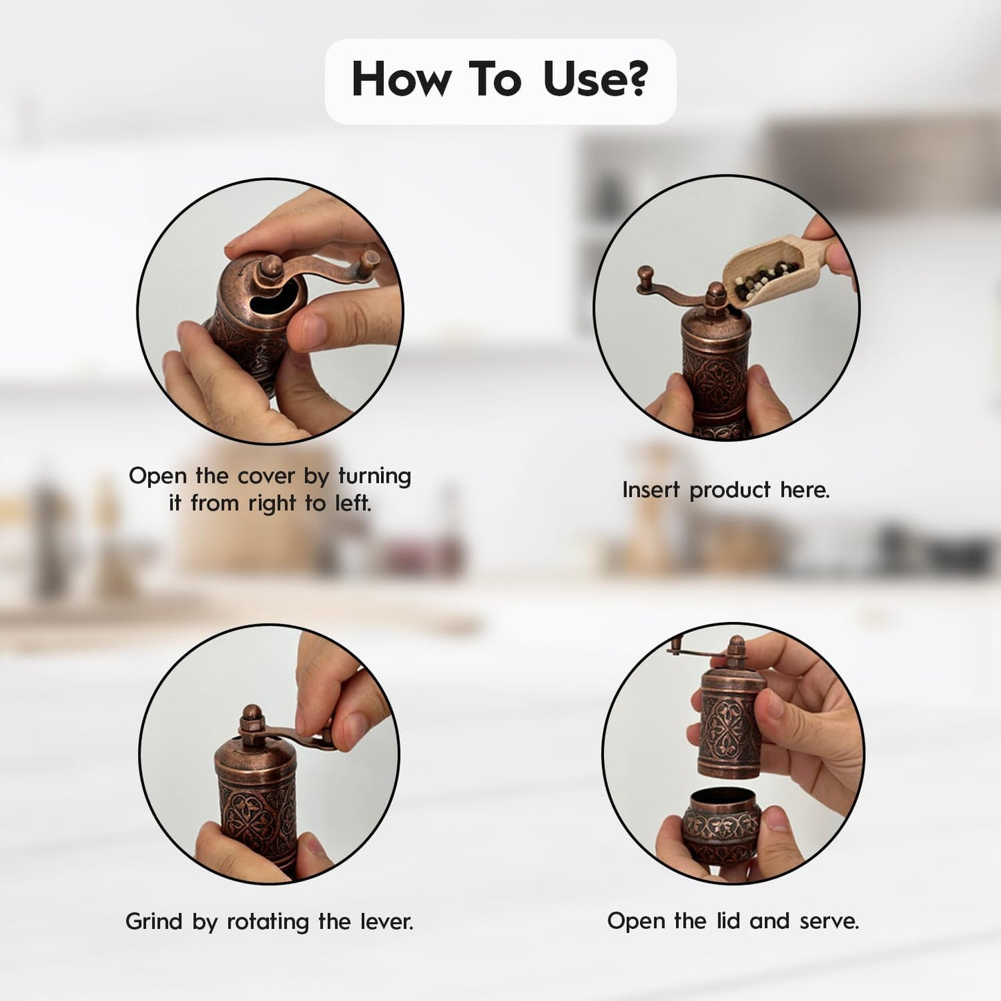 Decorative Handmade Black Pepper Grinder, Refillable Turkish Spice Mill with Adjustable Coarseness, Manual Pepper Mill with Handle, Spice Grinder with Hand Crank 8 cm-3.1 inch