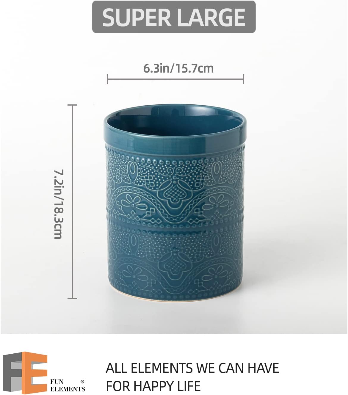 Fun Elements Kitchen Utensil Holder, 7.2" Super Large Utensil Crock Heavy and Stable Lace Emboss Ceramic Utensil Holder for Kitchen Counter (Grayish Blue)