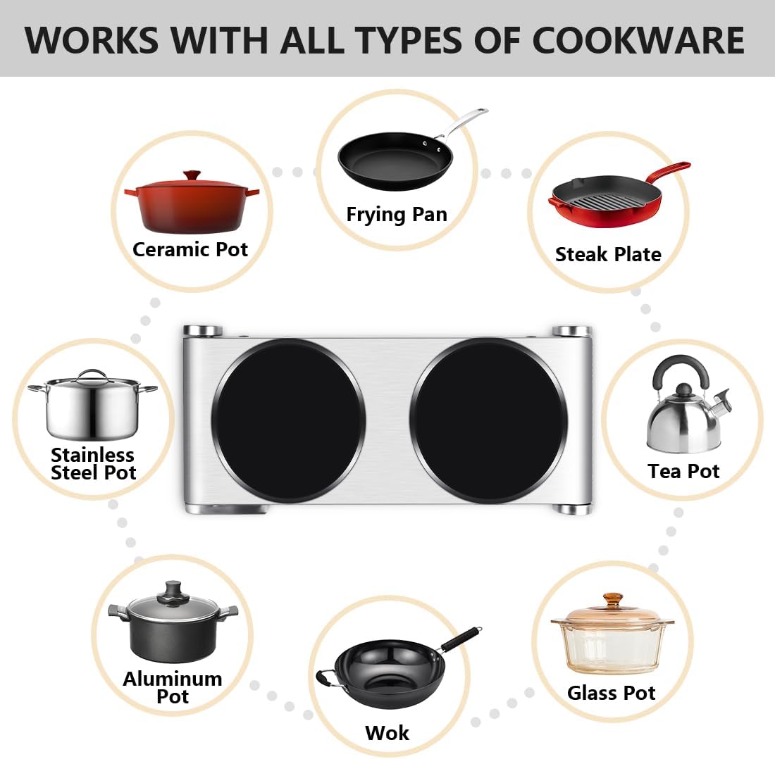 Double Burner, CUSIMAX Electric Burner 1800W Ceramic Hot Plate for Cooking, Glass Plate Infrared Burner, Portable Dual Control Electric Cooktop, Stainless Steel-Upgraded Version