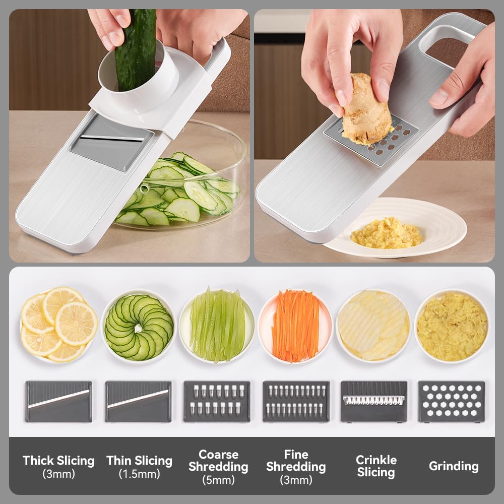 KEOUKE Multifunctional Mandoline Slicer Stainless Steel Surface - Interchangeable 6 Blades, Magnetic Back Handheld Vegetable Cutter with Hand Guard for Kitchen, Onion, Garlic, Safe Food Slicer
