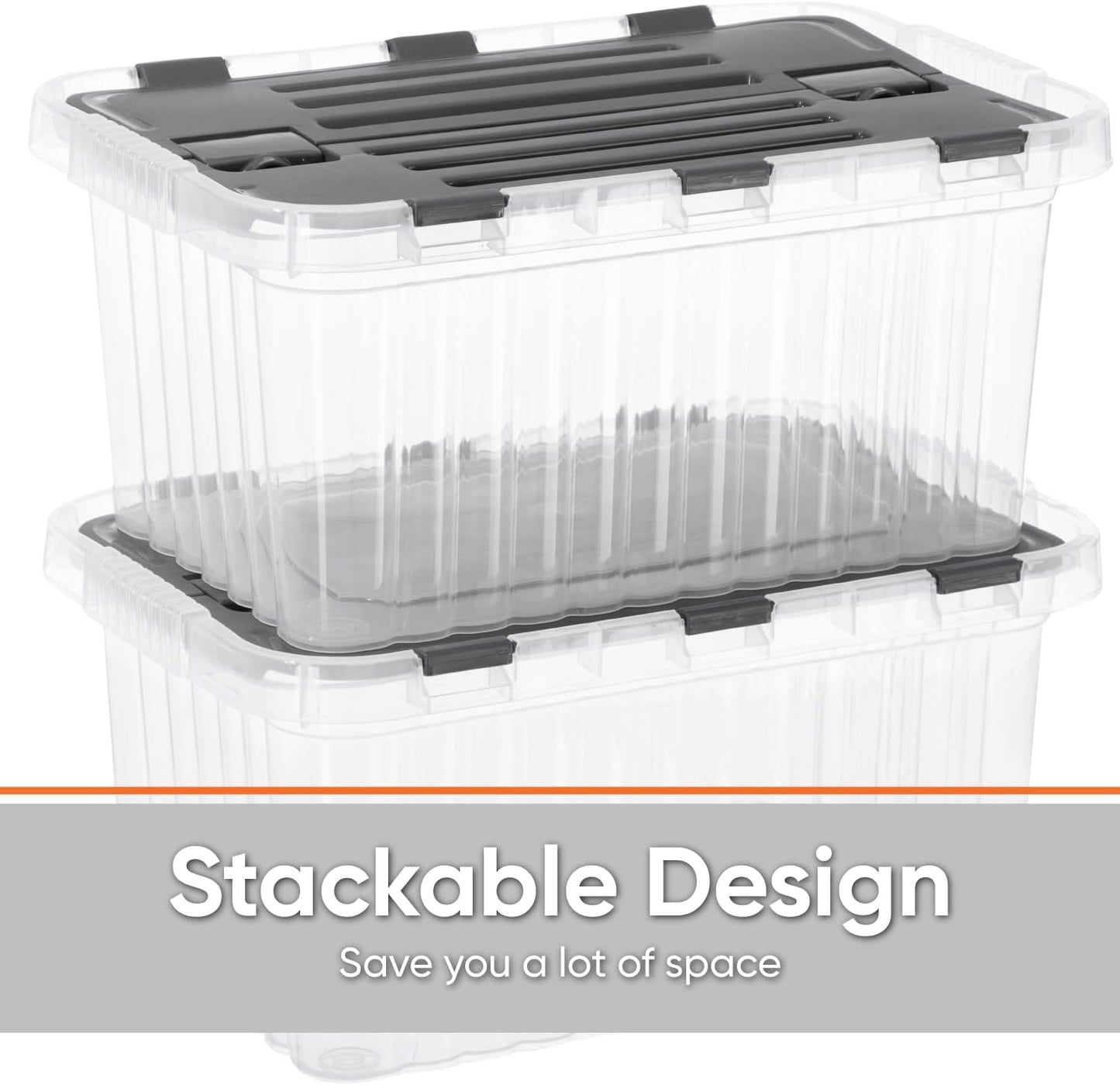 Superio Clear Storage Boxes with Attached Lids, Plastic Container Bins with Hinged Lids for Organizing, Stackable Crates, BPA Free, Non Toxic Organizers (2 Pack, 17"x11.65"x8.75")