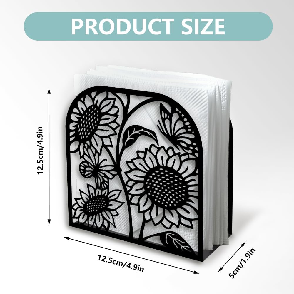 Sunflower and Butterfly Decorative Black Metal Napkin Holder for Table, 4.9" x 4.9" x 1.9" Standing Napkin Holder for Home Kitchen Restaurant Picnic Party Coffee Bar Dining Room