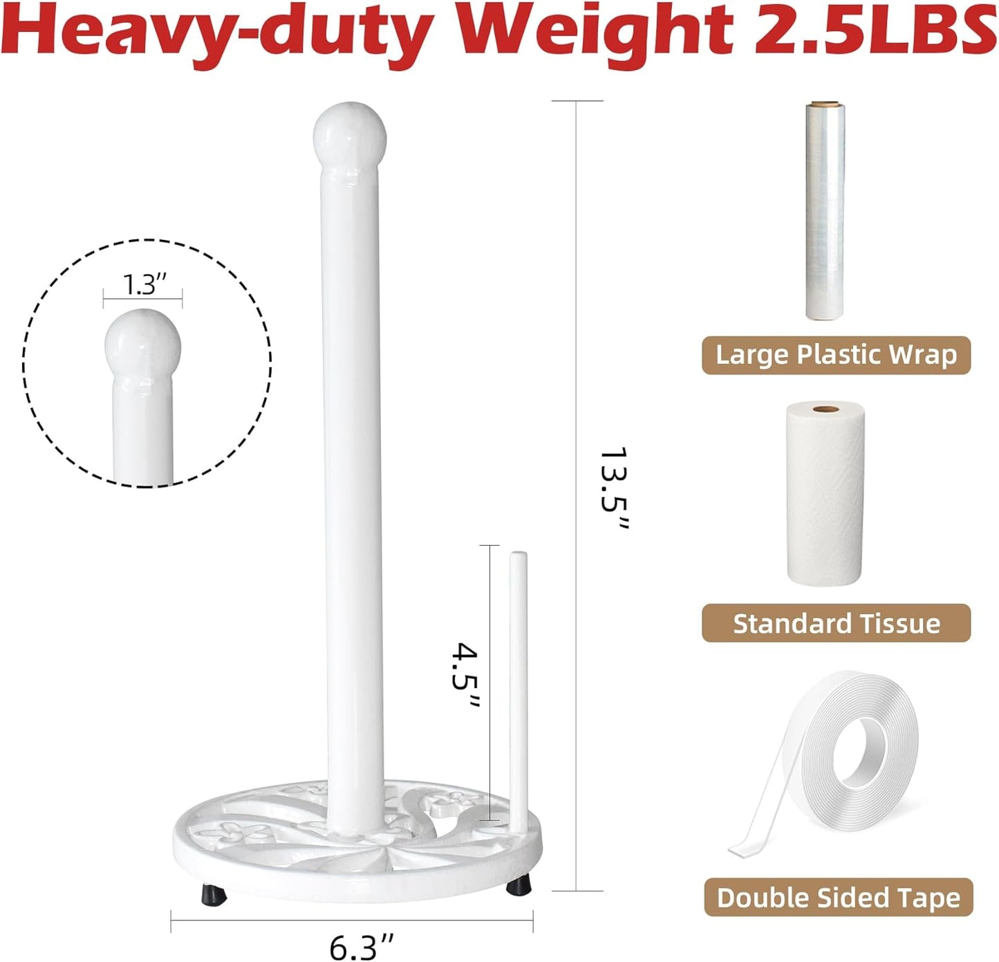 Vintage Paper Towel Holder Countertop - Cast Iron Standing Roll Paper Towel Dispenser with Elegant and Heavy Daffodil Pattern Base for Kitchen Décor, White