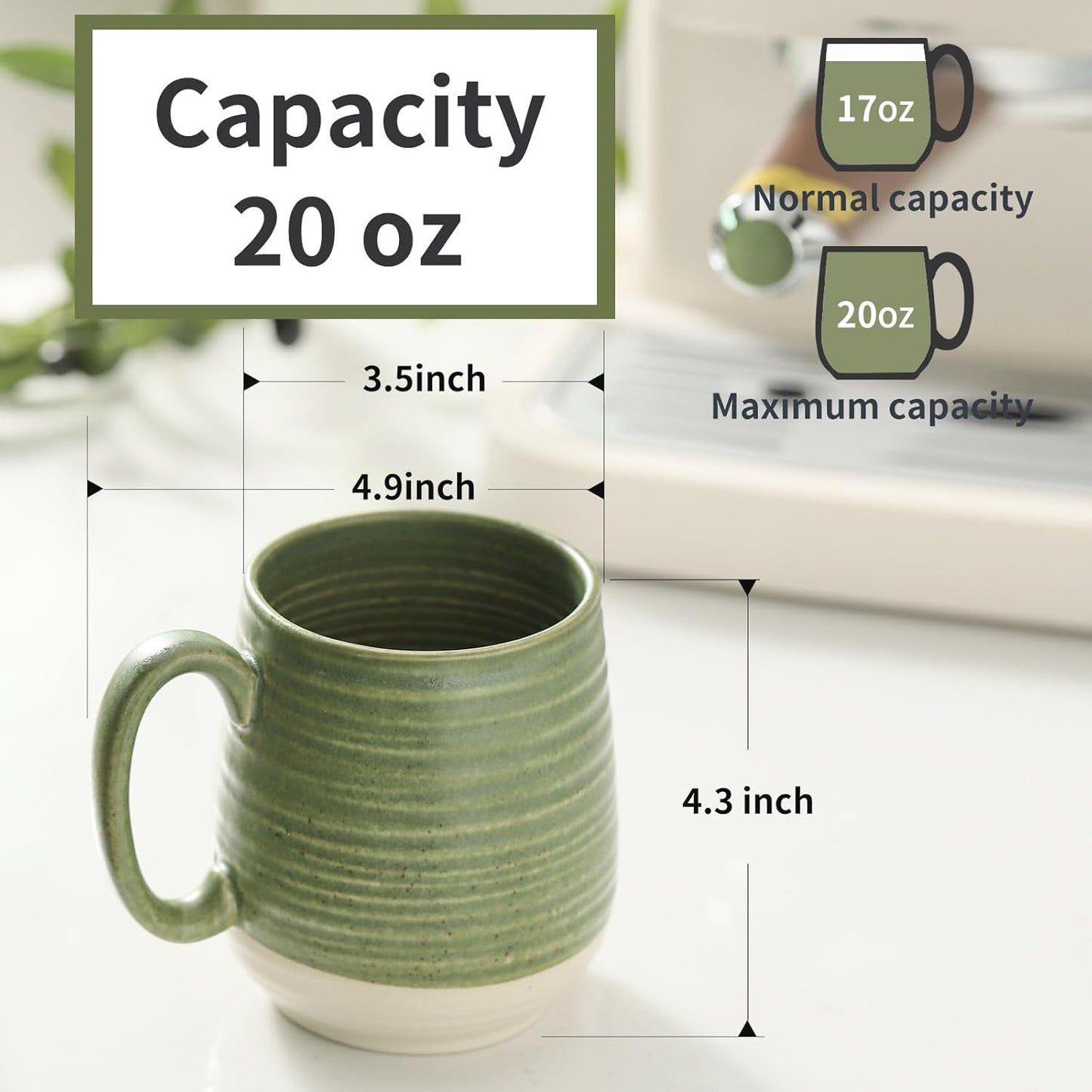 Hasense Large Coffee Mugs, Ceramic Tea Cups with Comfortable Handle Set of 2, Perfect for Milk, Latte, Hot Cocoa, Dishwasher and Microwave Safe, Green
