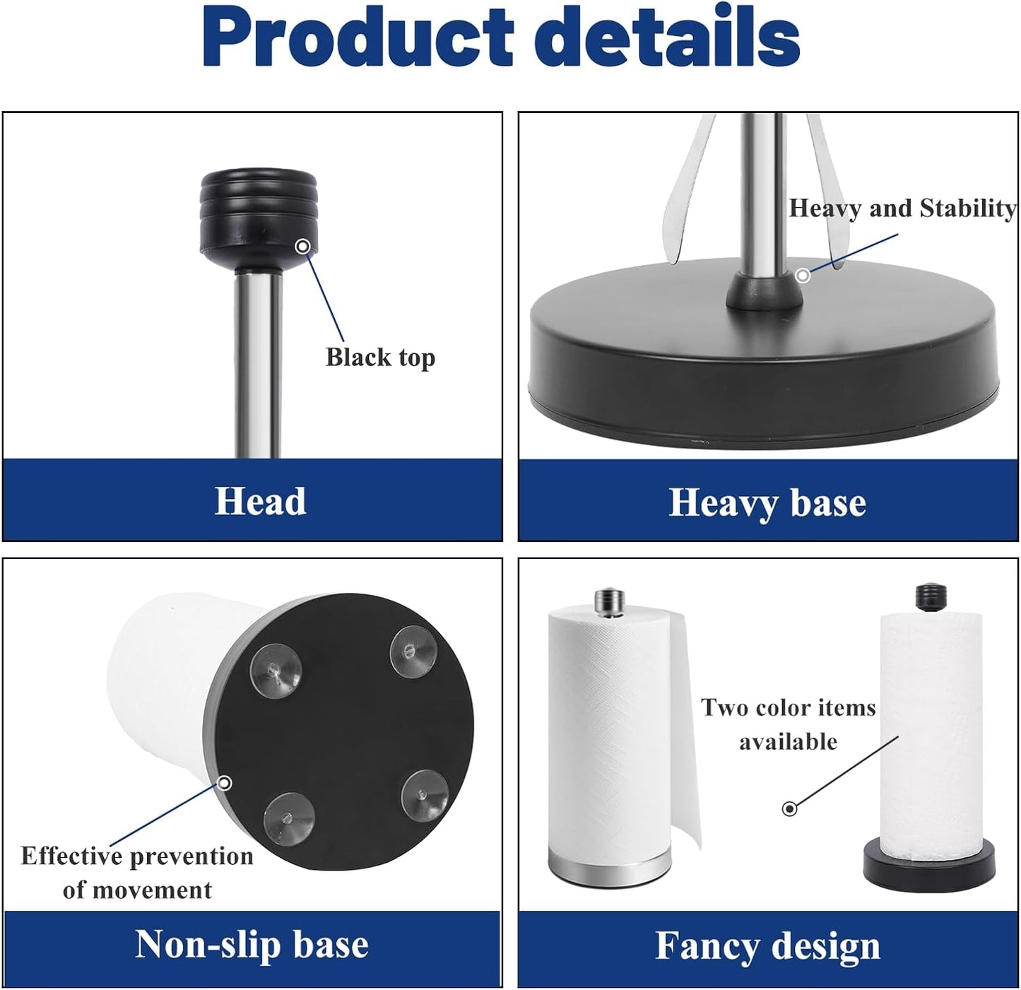 Stainless Steel Black Paper Towel Holder Designed for Easy One-Handed Operation - This Sturdy Weighted Paper Towel Dispenser Countertop Model Has Suction Cups and Holds All Paper Towel Rolls (Black)