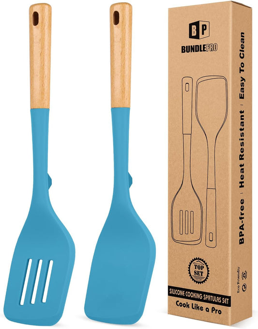 Pack of 2 Large Silicone Spatula, Heat Resistant Solid Turner, Non Stick Slotted Spatulas with Wooden Handle, Ideal Kitchen Utensils for Flipping, Pancakes, Eggs, Fish(BLUE)