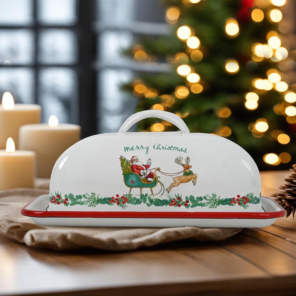 Enamel Butter Dish with Lid Vintage Enamelware Butter Keeper with Flower and Bird Patterns Farmhouse Butter Container Butter holder for Countertop Kitchen Decor