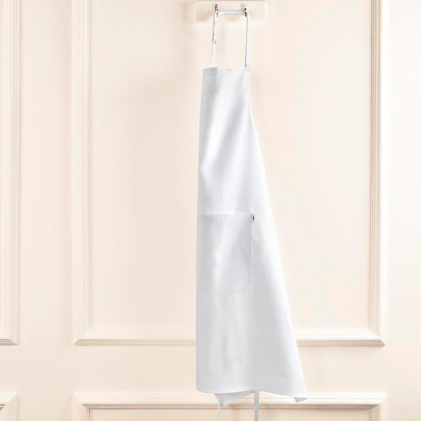 Solino Home 100% Pure Linen Apron for Women & Men - White Stripe Full Midi Bib Apron, Adjustable Neck Strap with Center Pockets for Kitchen, Chef - Handcrafted from European Flax