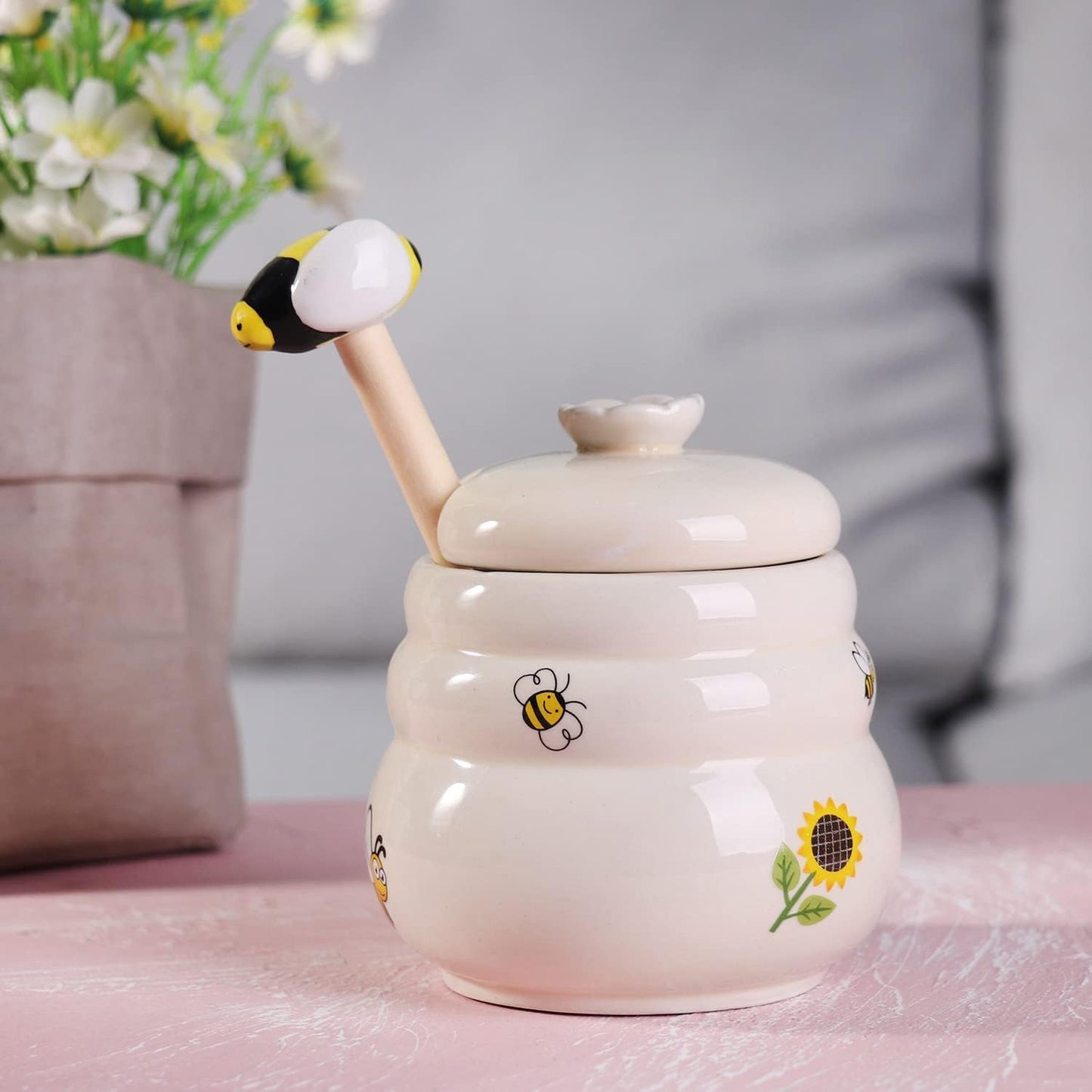 Ceramic Honey Jar with Wooden Honey Dipper-Honey Pot with Dipper- Honey Jar with Stand, Great Bee Decor- Farmhouse Kitchen Decoration (Honey Jar-Bee)