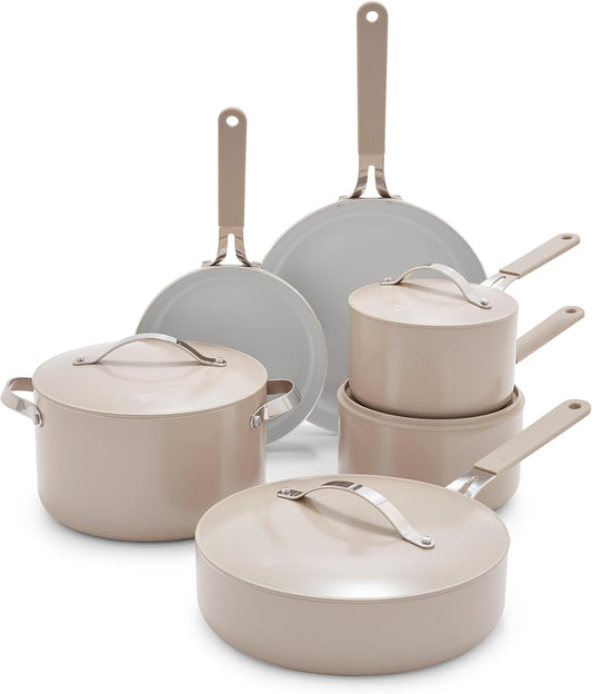 GreenLife 10-Piece Nonstick Ceramic Cookware Set, Lightweight Healthy PFAS-Free Pots & Pans with Lids, Dishwasher & Oven Safe, Durable Body, Silicone Stay-Cool Handles, Easy Release, Taupe