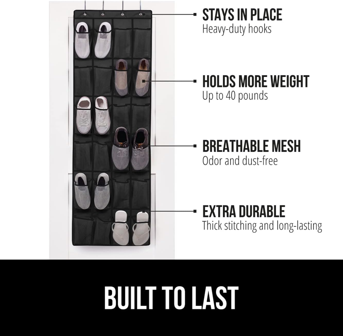 GORILLA GRIP Over the Door Shoe Organizer, 2 Pack, 24 Breathable Mesh Pockets, Space Saving Hanging Storage Holder, Closet Rack Hanger Holds Up to 40 lbs, Hangs on Closets, Shoes, Accessories, Black