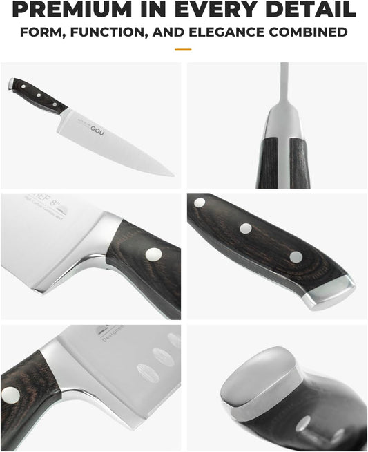 OOU 15-Piece Kitchen Knife Set with Block, German Stainless Steel Knife Blcok Set with Sharpening Rod, Ergonomic Wood Handle, Premium Cutlery Set with Steak Knives