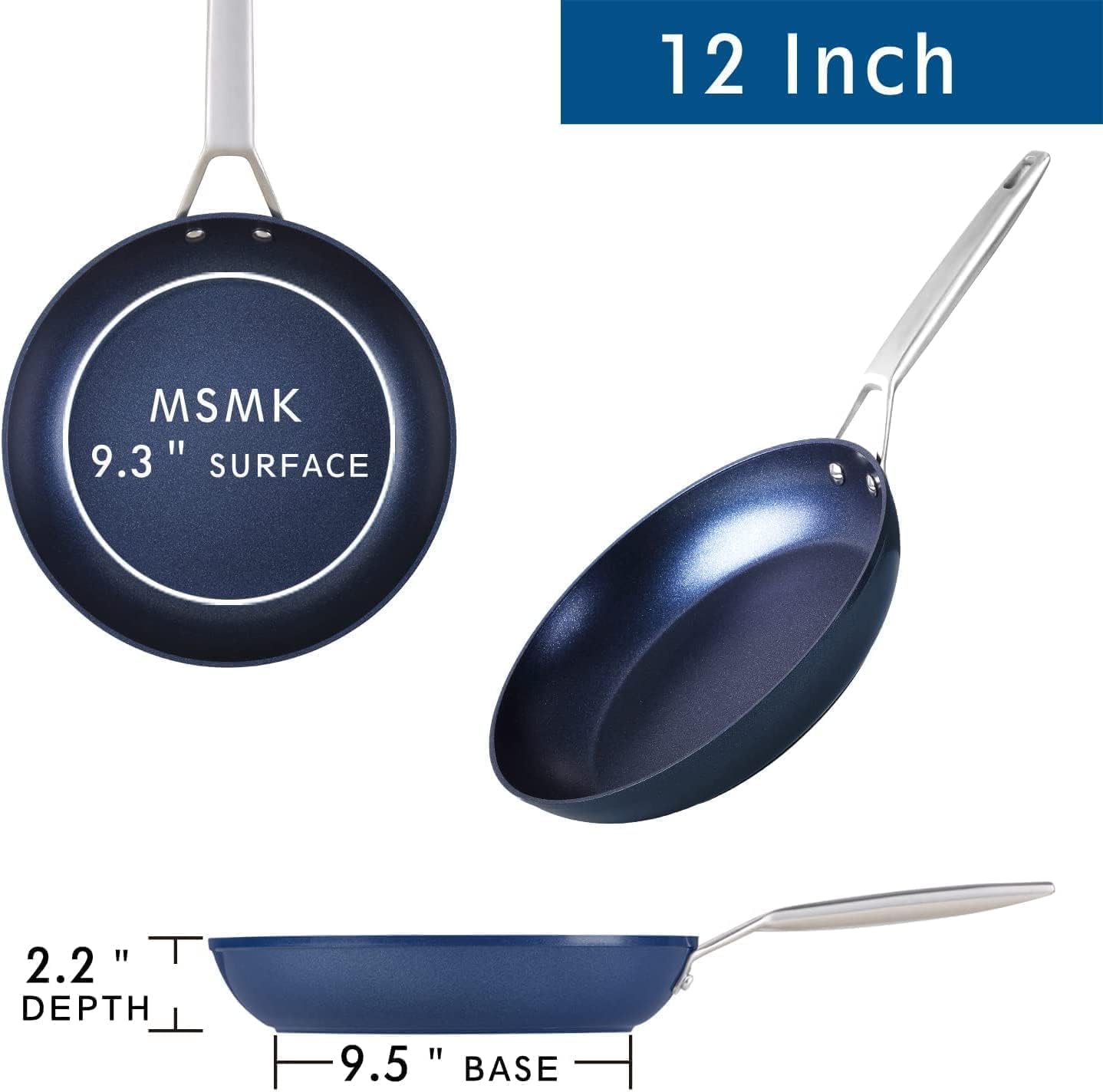 MsMk Large Frying Pan, 12-Inch PFOA Free Nonstick Meat Omelet Skillet, Stay-Cool Handle, Titanium and Diamond Non Stick Coating From USA, Smooth Stainless Steel Base Induction Compatible
