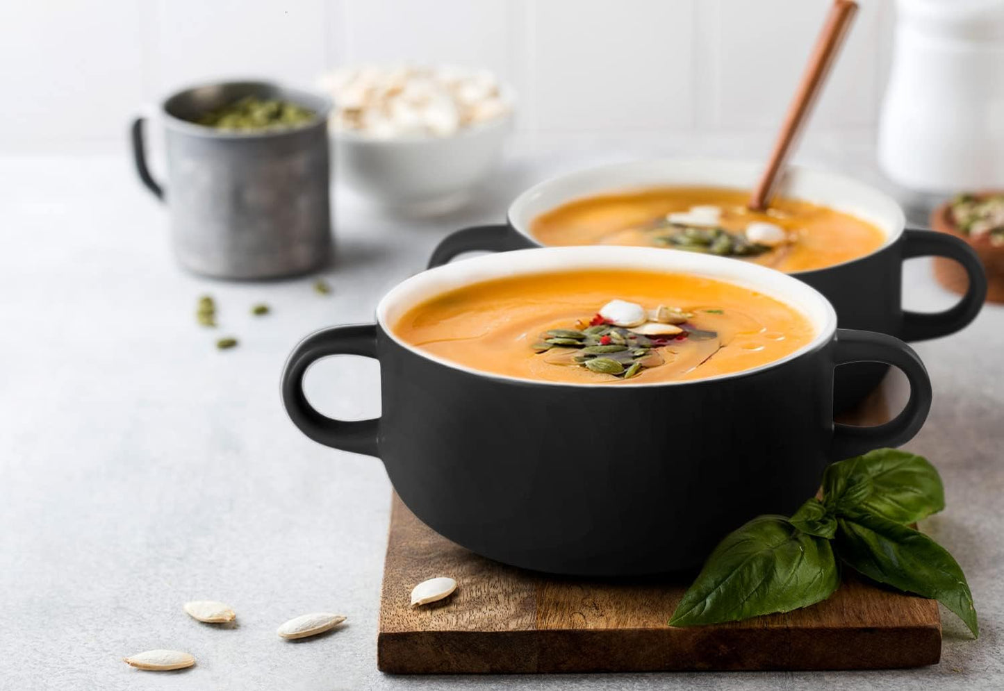 Kook Soup Crocks, Ceramic Bowls, Broil, Oven, Microwave and Dishwasher Safe, with Handles, For Casserole, Pasta, Cereal, 18 oz, Set of 4 (Black)