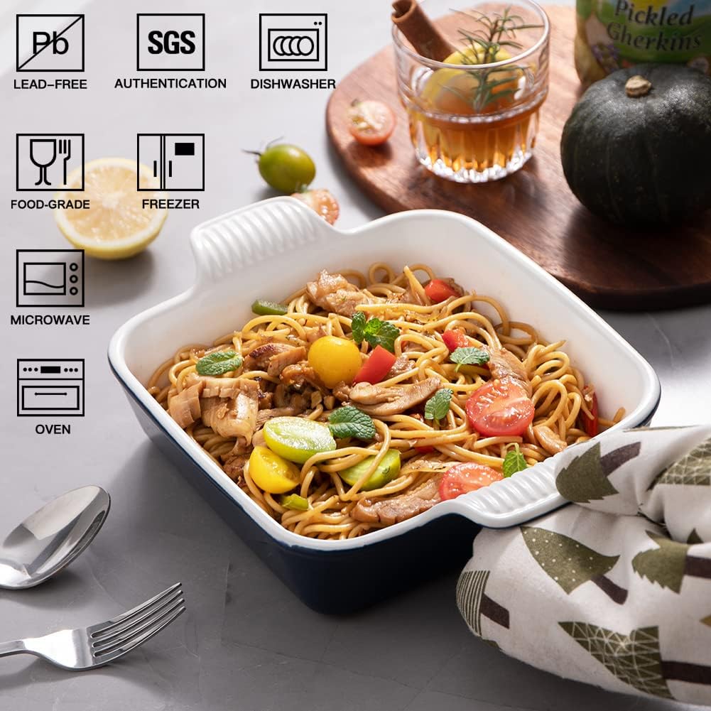 Sweejar Ceramic Baking Dish, 9 x 9 Cake Baking Pan for Brownie, Porcelain Square Bakeware with Double Handle for Casserole, Lasagna, Family Dinner (Navy)