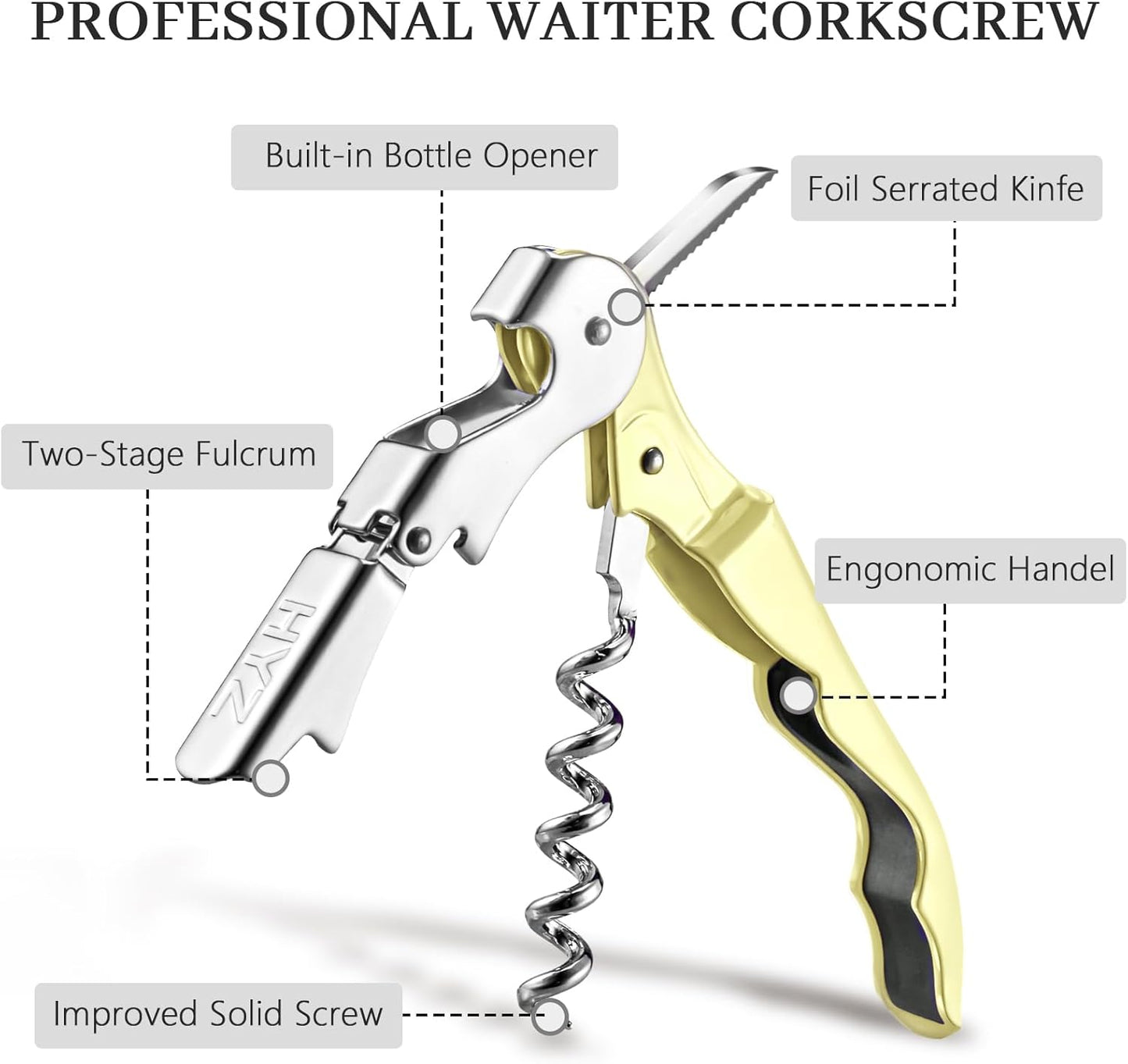 HYZ 2-Pack Wine Opener Waiter Corkscrew, Professional Wine Key for Servers, Bartender with Foil Cutter, Manual Wine Bottle Opener Double Hinged (Light Yellow)
