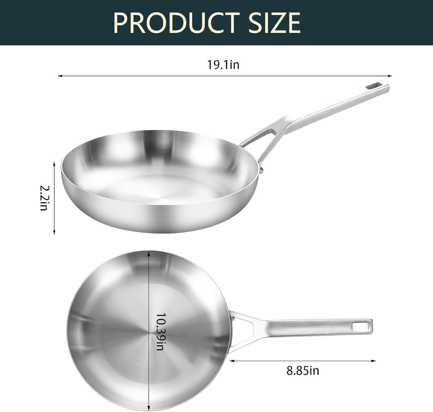 Tri-Ply Fully Bonded Stainless Steel Frying Pan, 10",With Tempered Glass Lid, Chef's pan,Skillets,Induction Pan Dishwasher and Oven Safe