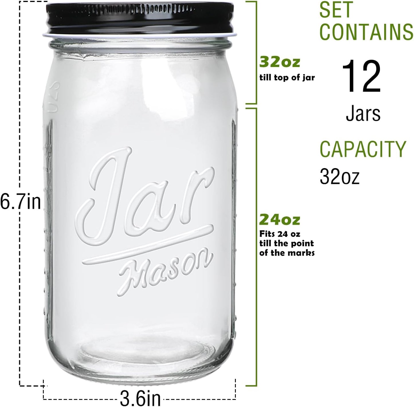 QAPPDA Wide Mouth Mason Jars 32 oz 12 Pack, Large Glass Jars Canning Jar with Lids for Pickling, Storage Food, Meal Prep, Jams, and Spices