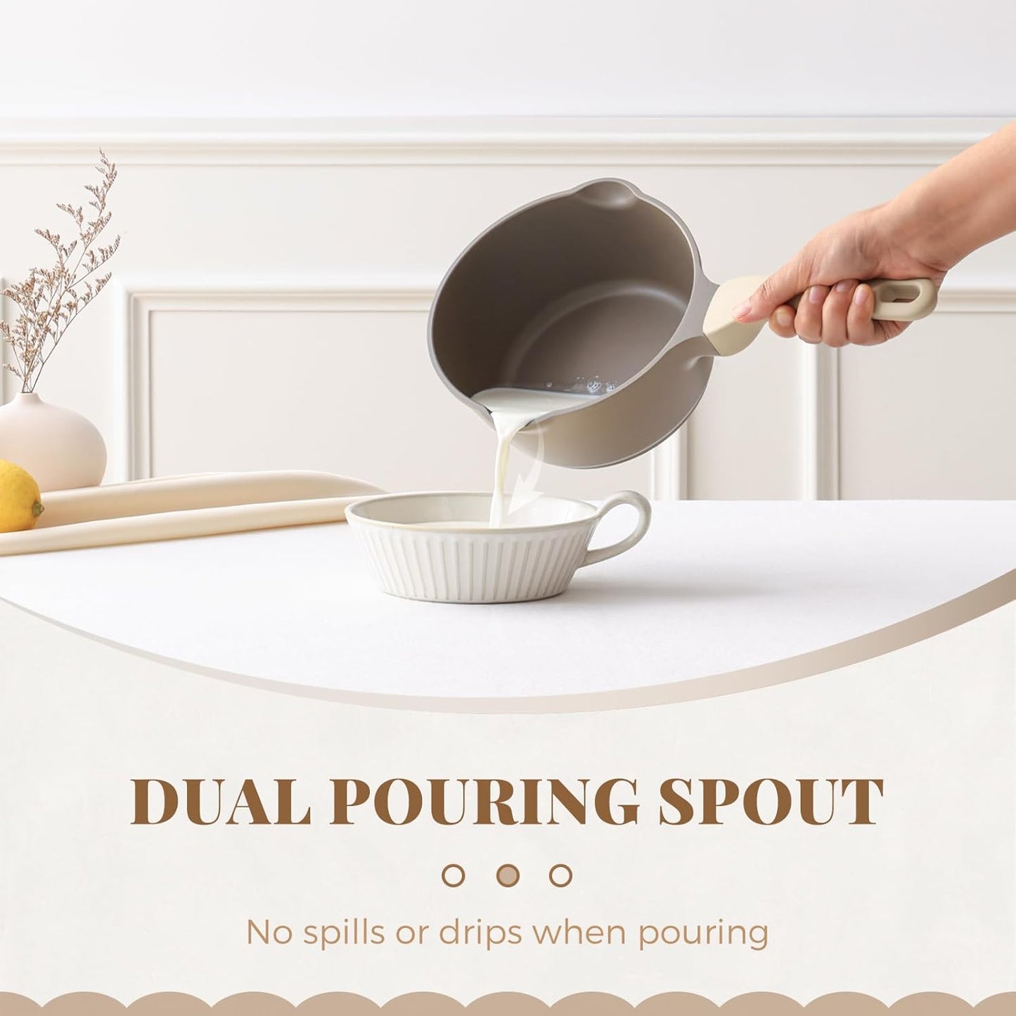 Nonstick Saucepan with Lid, 2 Quart Sauce Pan, Healthy Sauce Pot with Pour Spouts for Multipurpose Use, PTFE, PFOA Free, Induction Compatible, Apricot