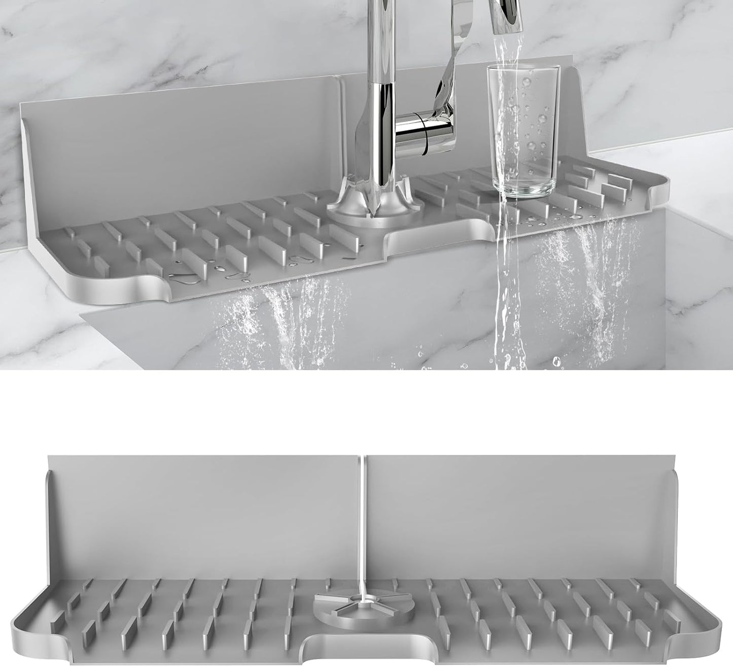 LVJING 17” x 5.5” Silicone Faucet Handle Drip Catcher Tray Mat, Silicone Faucet Mat Dish Soap Sponge Holder for Kitchen Sink, Drying Mat for Kitchen Counter Bathroom Kitchen Sink Splash Guard - Grey