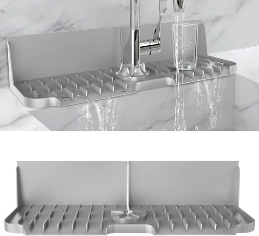 LVJING 17” x 5.5” Silicone Faucet Handle Drip Catcher Tray Mat, Silicone Faucet Mat Dish Soap Sponge Holder for Kitchen Sink, Drying Mat for Kitchen Counter Bathroom Kitchen Sink Splash Guard - Grey