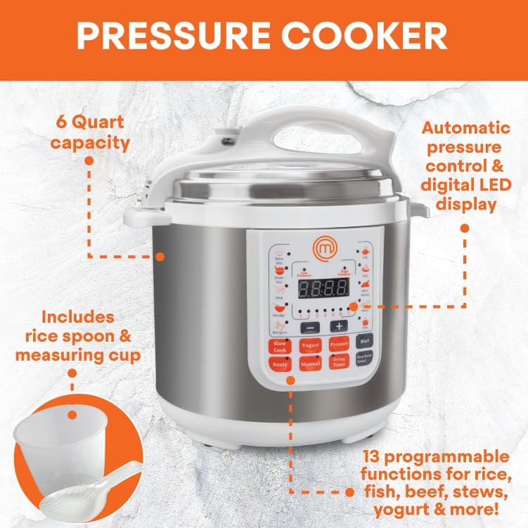 MasterChef 13-in-1 Pressure Cooker- 6 QT Electric Digital Instant MultiPot w 13 Programmable Functions- High and Low Pressure Slow Non-Stick Pot Cooking Warmer Options, LED Display, Delay Timer, Rice