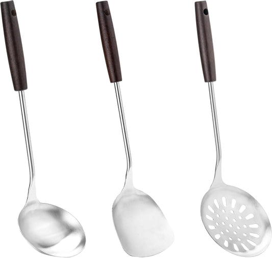 FJNATINH Wok Spatula and Ladle Skimmer Spoon - Stainless Steel Cooking Utensils Set of 3,Kitchen Wok Utensils Set