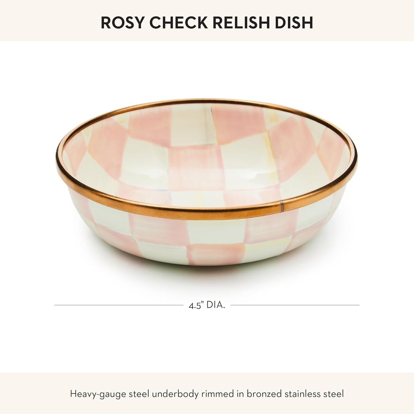 MACKENZIE-CHILDS Enamel Relish Dish, Small Serving Bowl for Entertaining, Pink-and-White Rosy Check