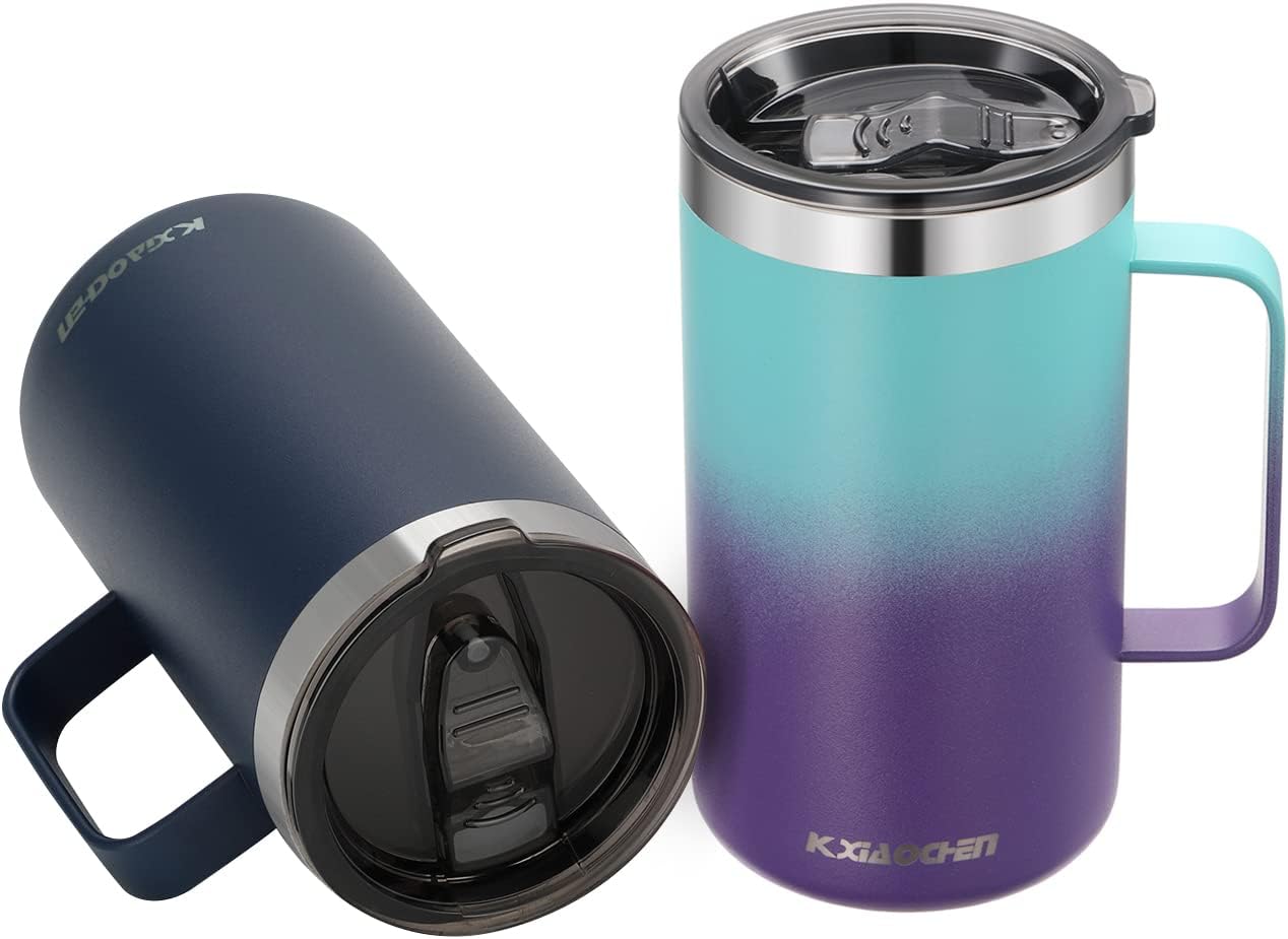 KXIAOCHEN 20oz Insulated Coffee Mug with Lid, Stainless Steel Coffee Cup, Double Wall Vacuum Coffee Tumbler with Handle, Premium Thermal Travel Coffee Mug (Blue Navy Purple 2Pack)