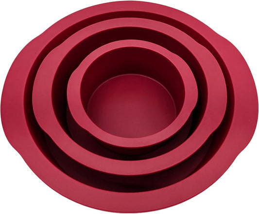 Nalchios 3-Piece Wine Red Silicone Round Cake Pans Set for Baking, Non-stick Flexible Silicone Baking Mold Pans for Layer Cake, Cheese Cake, Chocolate Cake 4+6+8 Inch