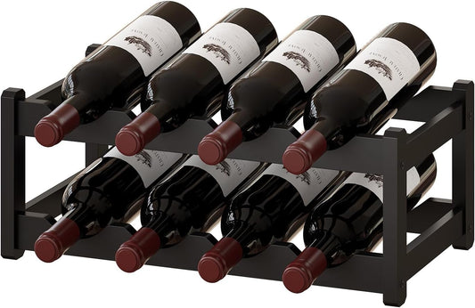 BMOSU Bamboo Wine Rack Wine Storage Cabinet Shelf 8 Bottle Wine Racks Countertop Sturdy for Kitchen Dining Room Pantry - 2 Tiers Wine Rack (Black)