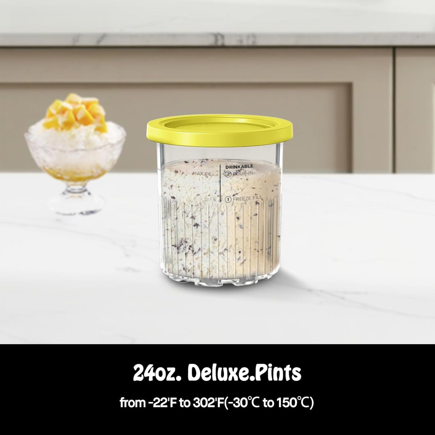 Pints for Ninja Creami Deluxe NC500 Series Creami Deluxe Ice Cream Makers, BPA-Free & Dishwasher Safe, Color Lids, 4 Pack, 24OZ Family Ice Cream Storage Containers Clear/Coral/Yellow/Green/Blue