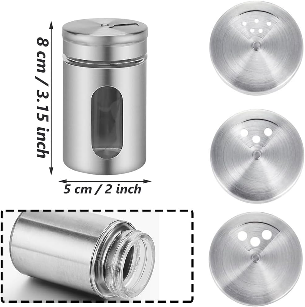 6 Pack Salt and Pepper Shakers, 80ml Spice Jars with Shaker lids, Salt Shakers Glass with Adjustable Pour Holes, Stainless Steel Seasoning Containers, Spice Bottles Glass for Kitchen