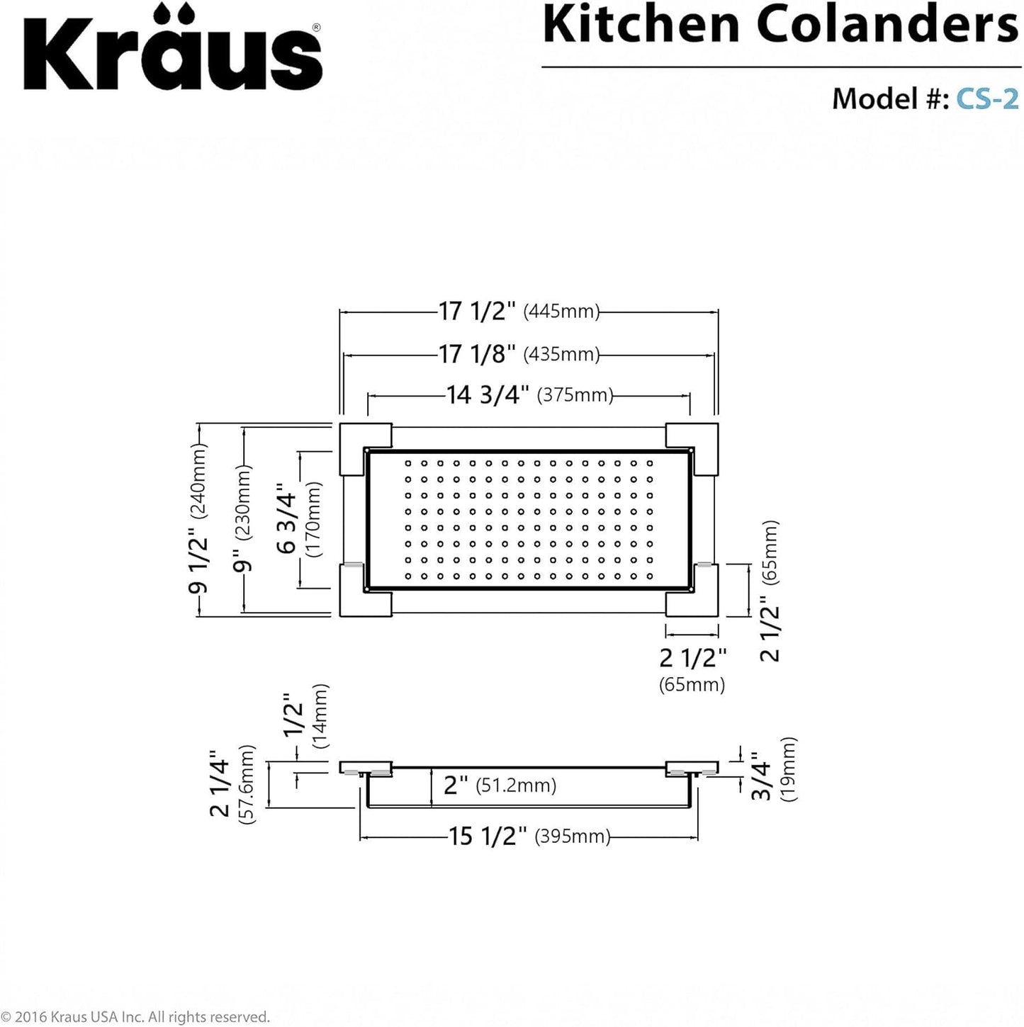 Kraus Stainless Steel Colander, 17 1/2" x 9 1/2" x 2 1/4", CS-2