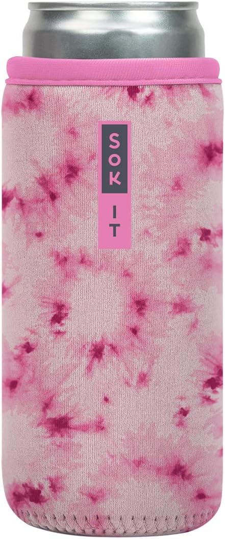 Sok It CanSok Sleeve for Beer & Soda Insulated Neoprene Cover (Pink Splash Tie Dye, 12oz Slim Can Sleeve)