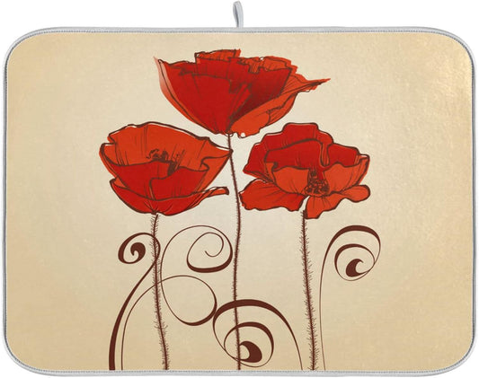 senya Super Absorbent Dish Drying Mat, Microfiber Fast-Drying 24''x18'', Kitchen Pad, Red Poppy Flowers Retro,(g289343168p523c558s1114)