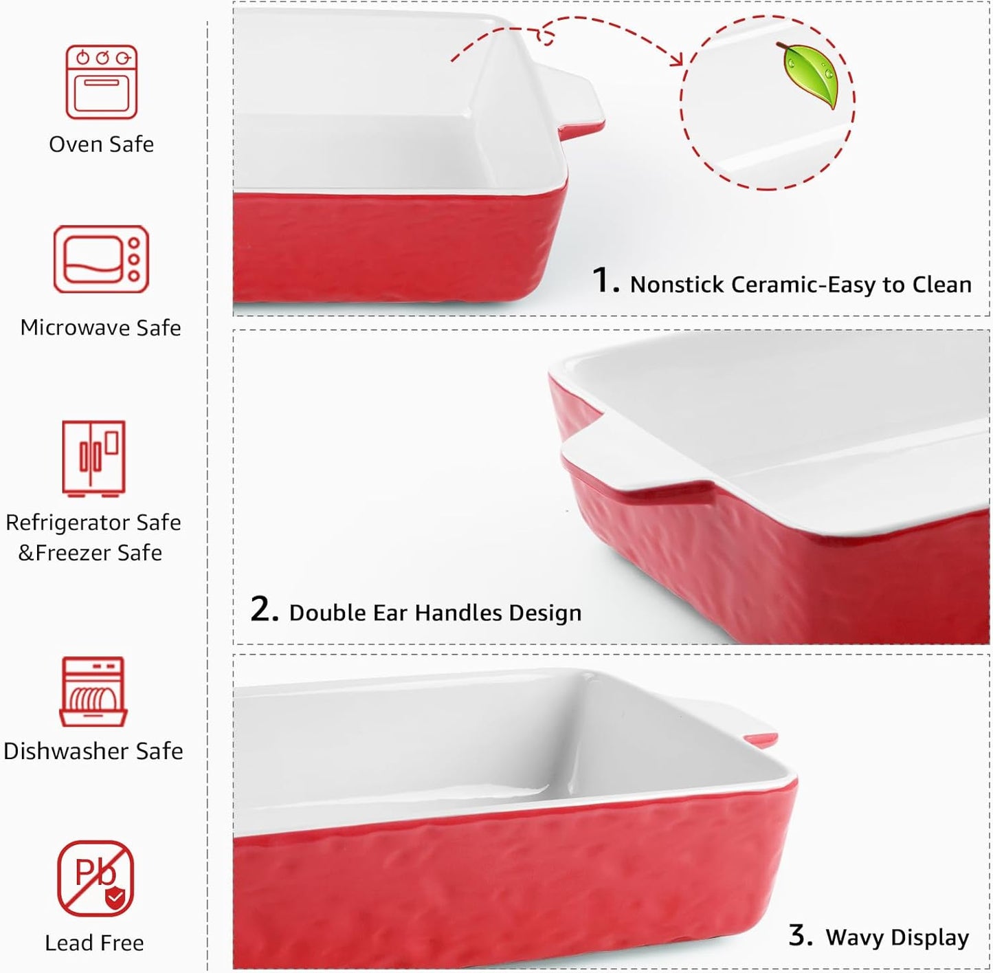 4 QT Baking Dish, Casserole Dishes for Oven, 9x13 Baking Pan with Handles, Lasagna Pan Deep, Ceramic Casserole Dish Oven Safe for Baking, Lasagna, Kitchen, Wedding Gift (Red)