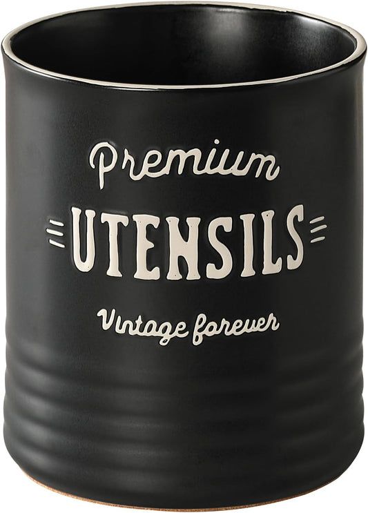 DOWAN 7.2″ Extra Large Utensil Holder, Farmhouse Utensil Holder for Kitchen Counter, Ceramic Utensil Crock with Protection Cork Mat, Utensil Storage for Kitchen Decor & Housewarming Gift, Matte Black